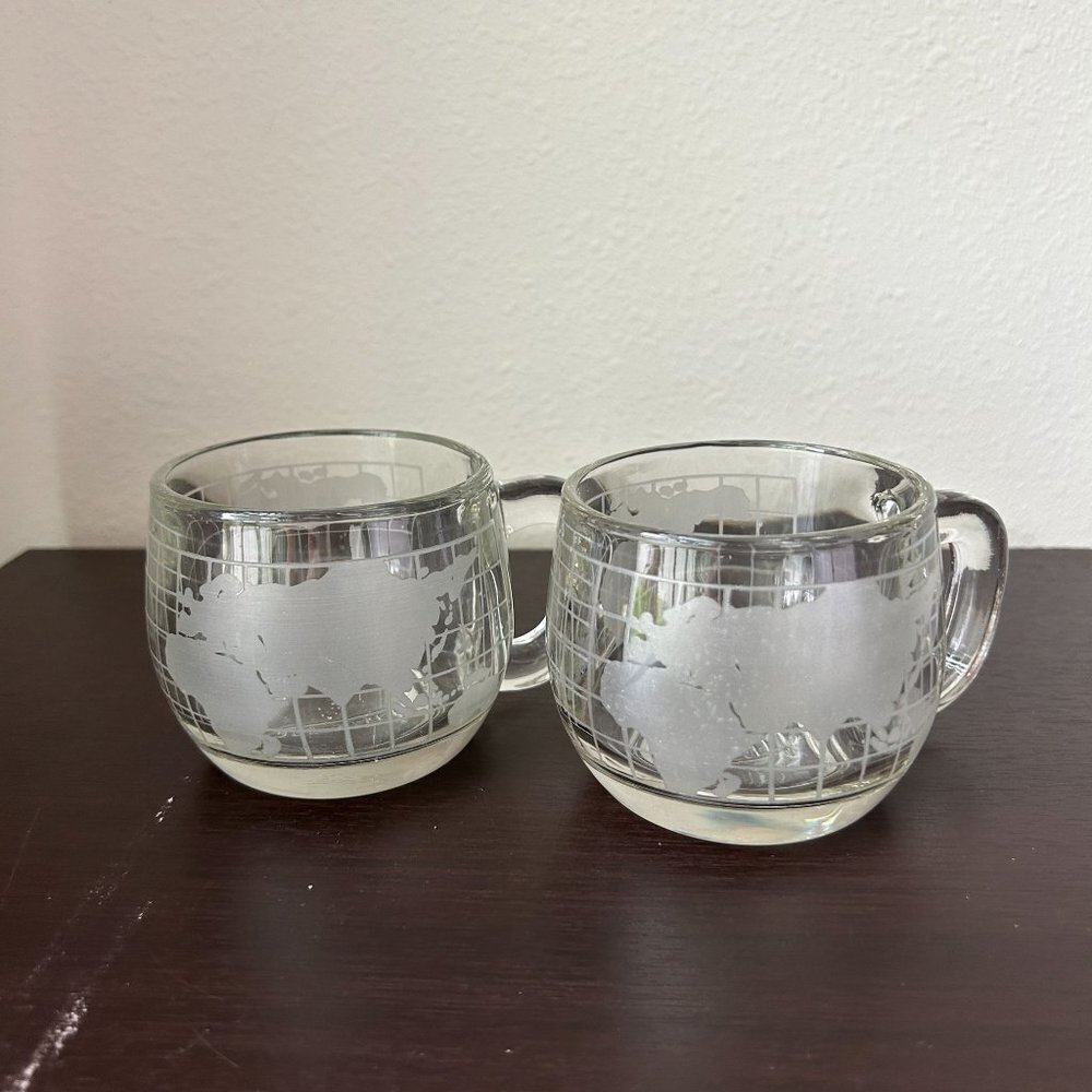 Nescafe‎ Etched Glass World Map Globe Coffee Mug Glass Set of 2 Vintage